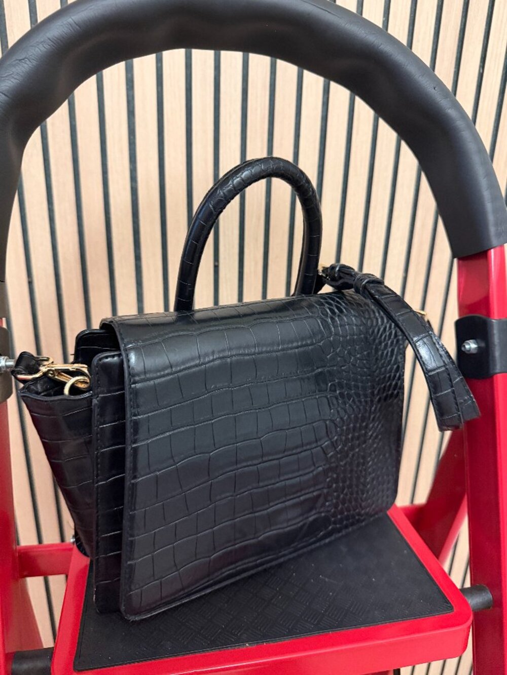 Black Croc Embossed Structured Top Handle Shoulder Bag